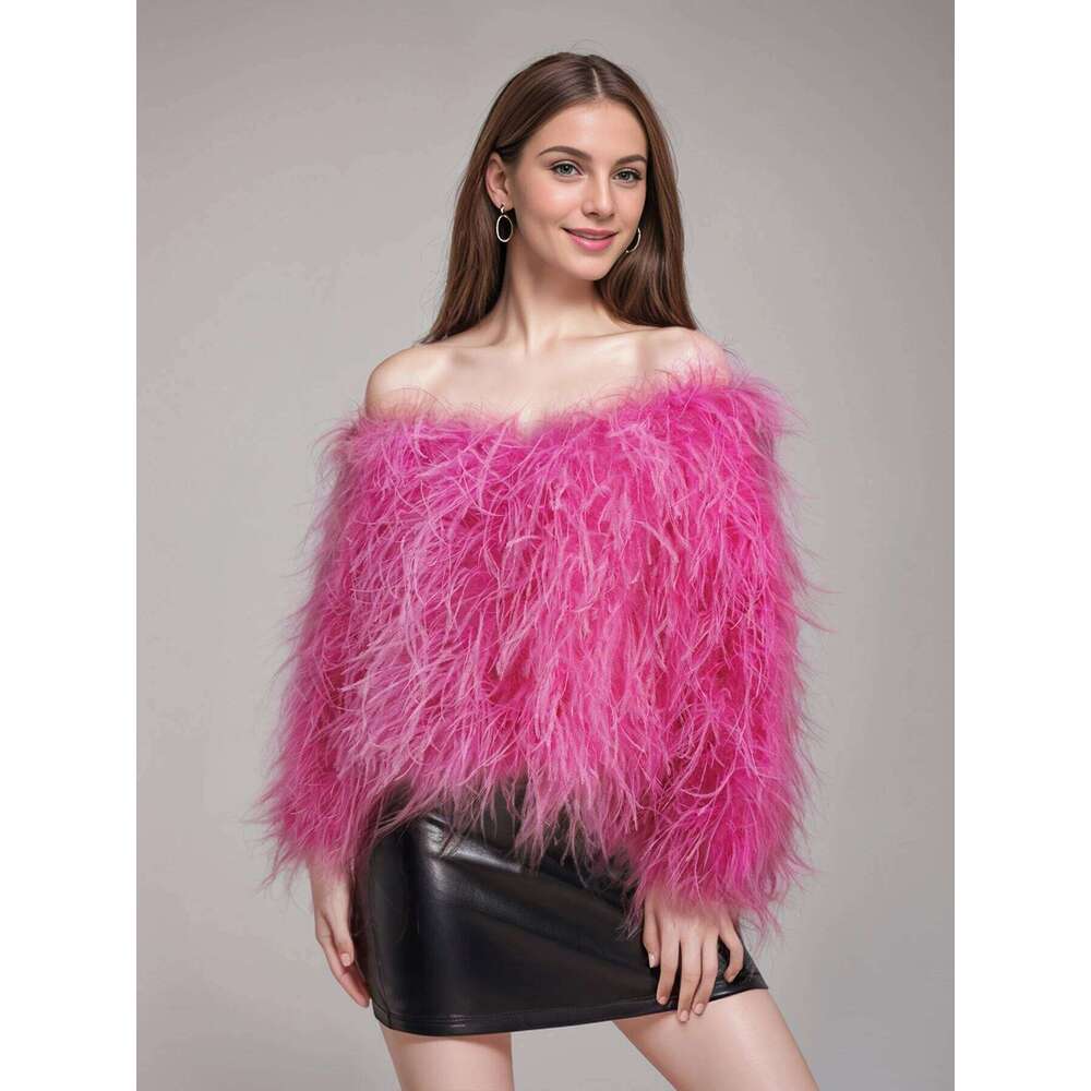 Fashion Sexy 100% Ostrich Feather Boat Neck Design Women's Off Shoulder Short Length 40 Cm Party Real Fur Coat Jacket