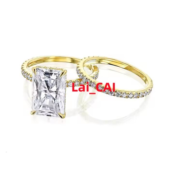 Solid Gold 4CT Radiant Moissanite Engagement Ring Set Available 10K 14K 18K Durable Lustrous Wedding Jewelry