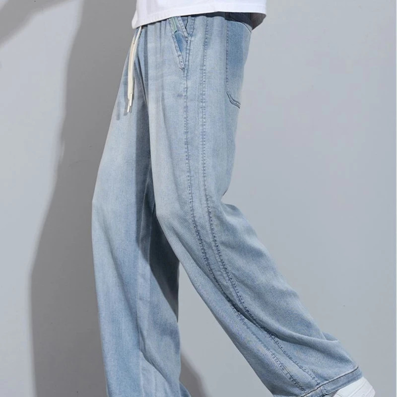 Drawstring Summer Jeans Mens Lyocell Soft Quality Pants Stretch Waist Straight Casual Baggy Trousers Streetwear y jeans 250610