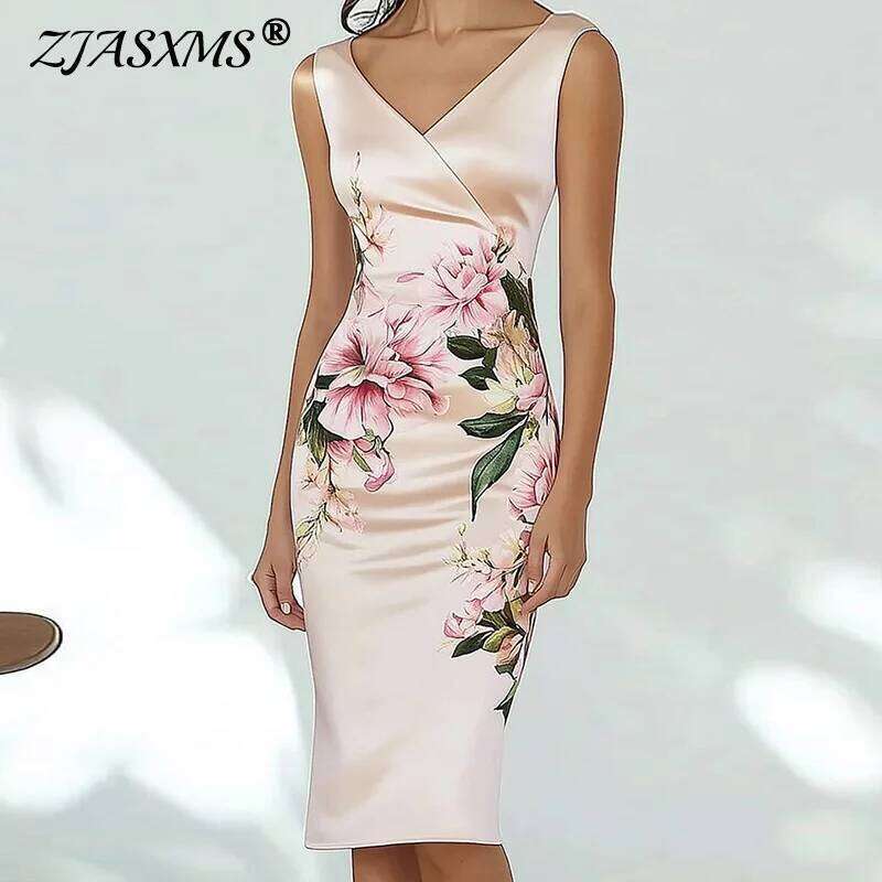 Elegant V Neck Commute Lady Dresses Retro Floral Print Slim Hip for Woman 2025 Summer Sleeveless Back Zipper Holiday Dress