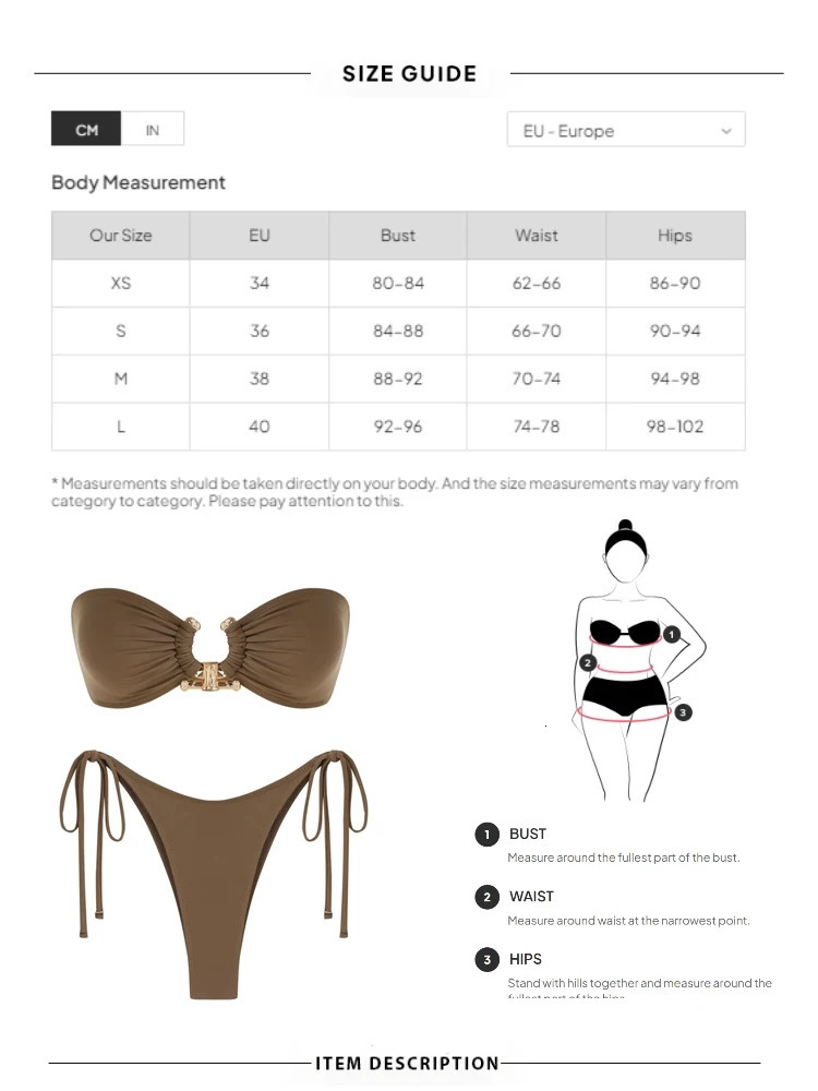 Solid O Ring Swimsuit For Women Tie Side Shiny Metal Hardware Bandeau Bikini Swimwear Padded Bra Top Low Waisted 250609