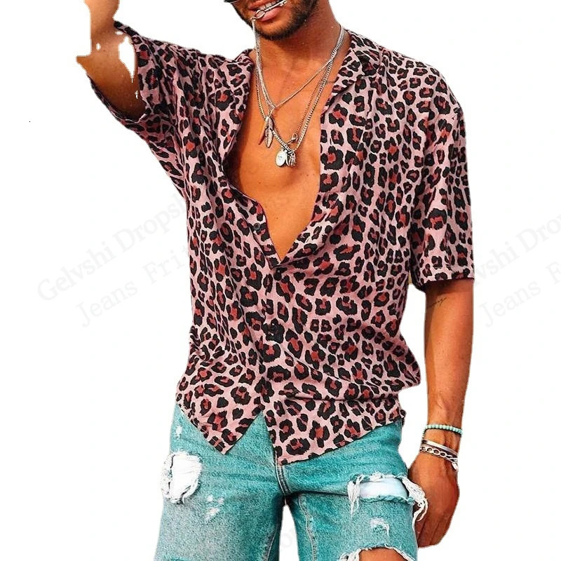 Fashion Mens Summer Hawaiian Shirt Leopard 3D Print Shirt Short Sleeve Casual Plus Size Beach Shirts Street Lapel Blouse Camisa 250606