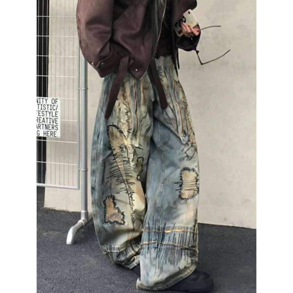 American Street Destruction Style Embroidered Denim Pants Oversized Retro Wash Personality Fashion Loose Casual Wide Leg Jeans