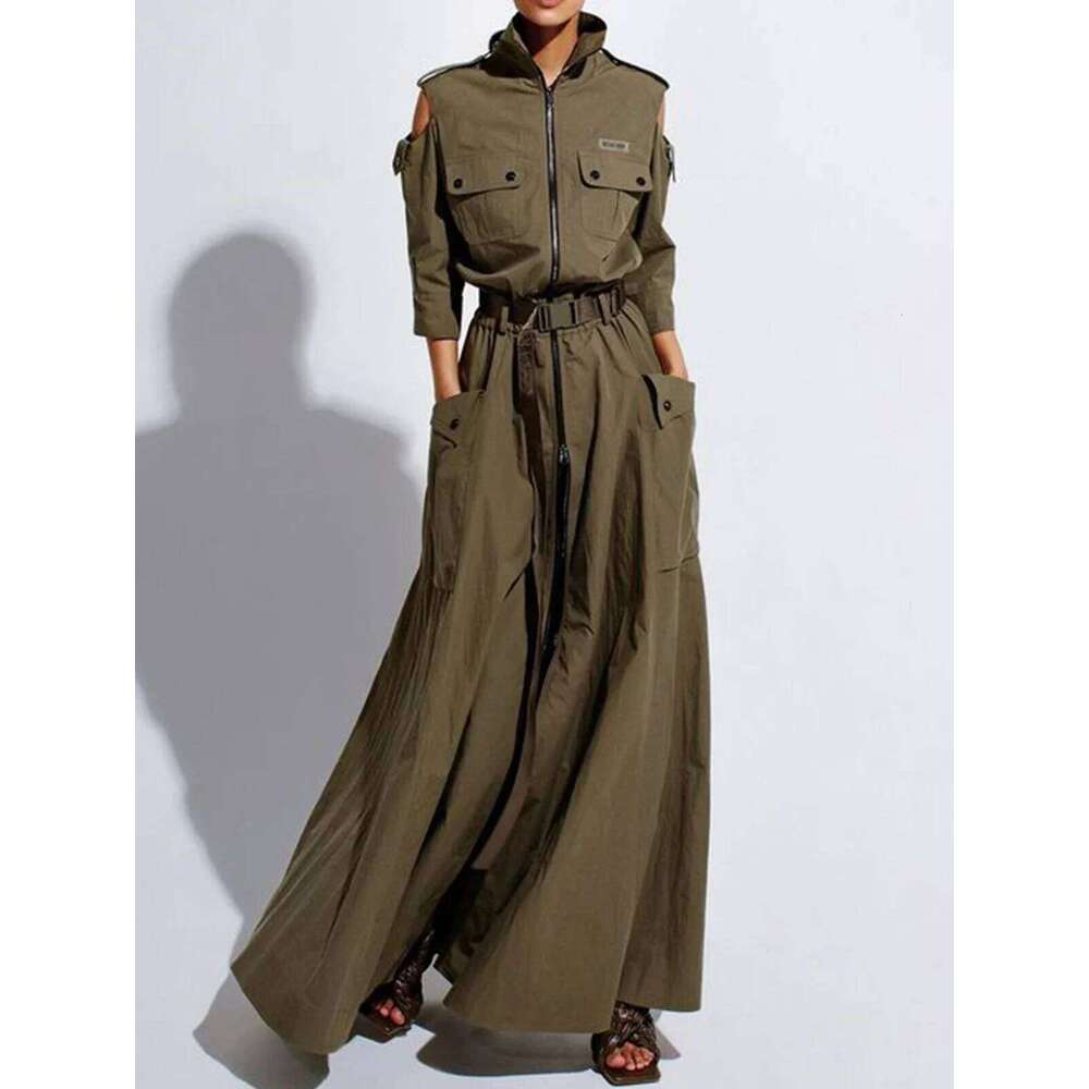 Chic Solid Maxi Shirt Casual Turndown Neck Half Sleeve Zipper Belt Pockets Long Dress Ladies Streetwear Women Clothes