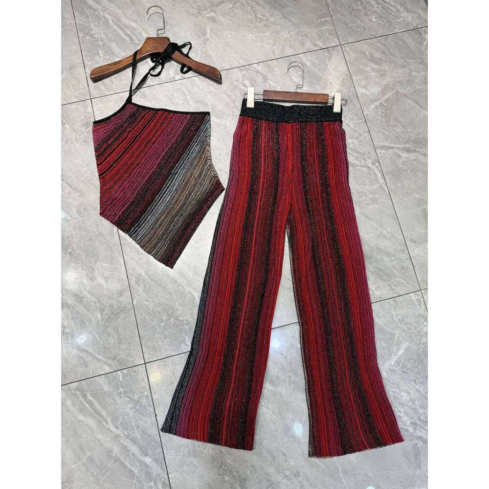 Women Slanted Shoulder Metallic Sequined Striped Knit Camisole Top+ Elastic Waist Wide Leg Long Pants Set