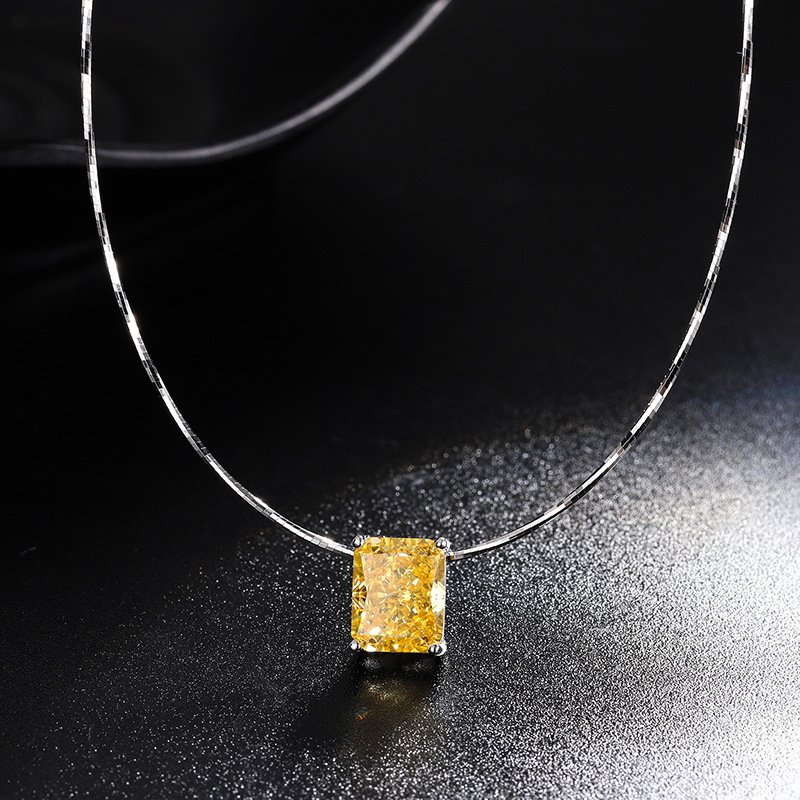 Elegant 925 Sterling Silver Lock Pendant Necklace with Yellow High Carbon Diamond, 8x10mm Gemstone for Women