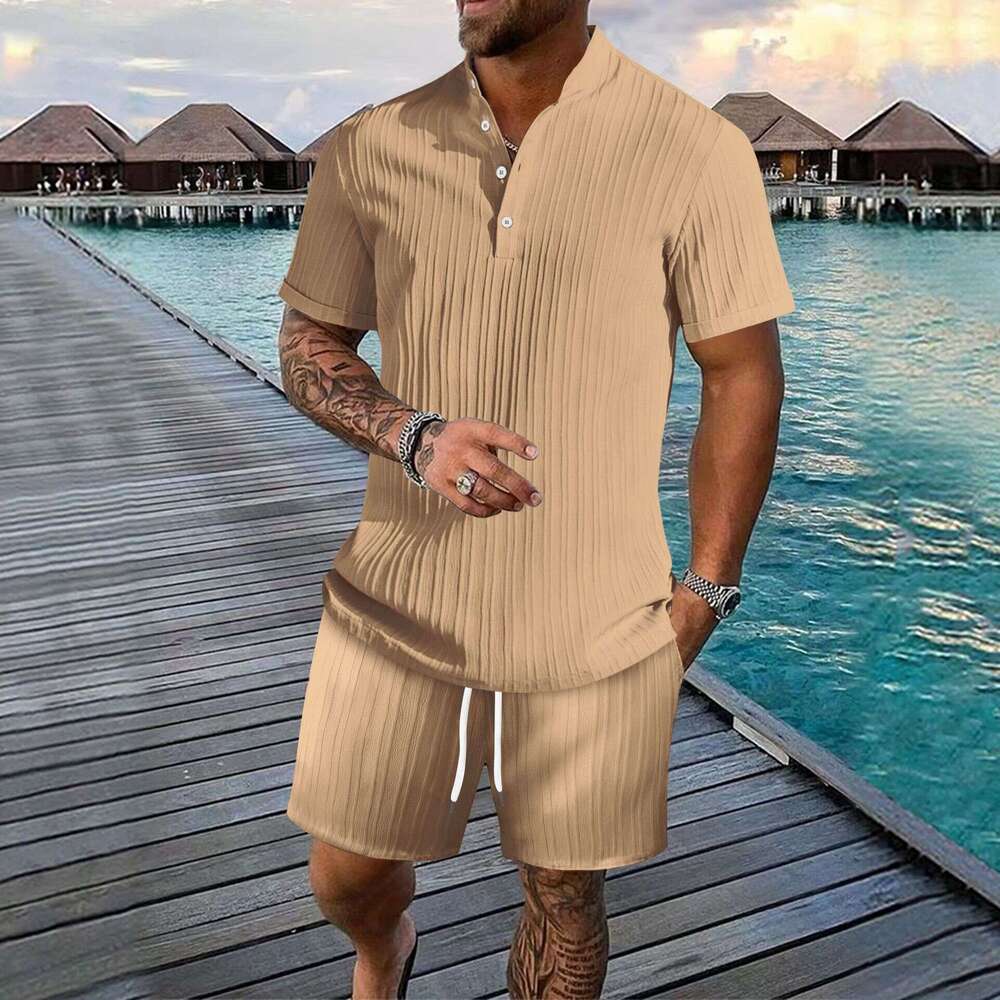 Summer Men's Casual Loose Short Sleeve Shirt And Shorts Beach Set B5