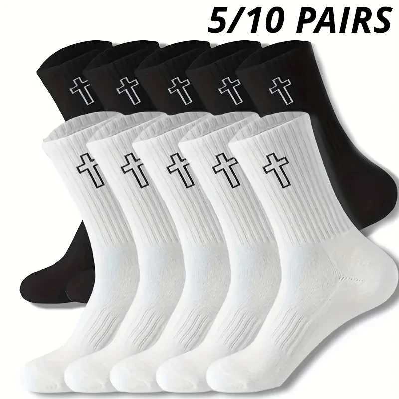5/10 Pairs Mens High-Cut Solid Sports Socks Breathable Unisex Mid-Calf Casual Socks Black/White Cross Couple Socks All-Season Z250610