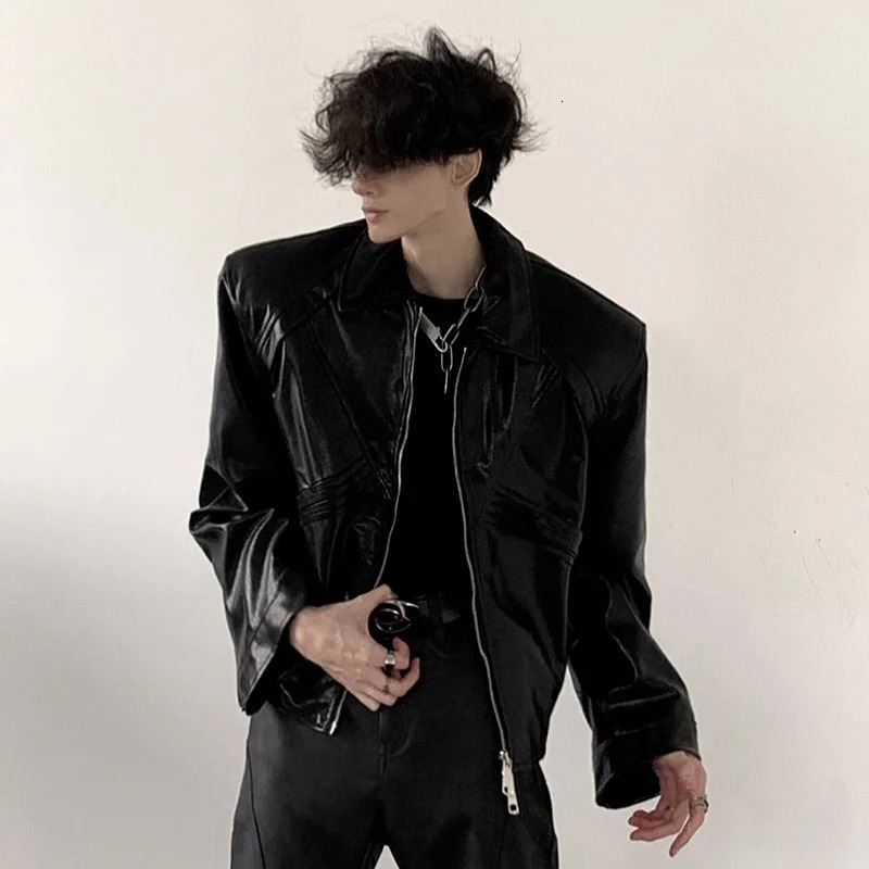 FEWQ High Street Mens PU Leather Coats Lapel Solid Color Pleated Shoulder Pads Menswear Loose Male Jackets 24K3041 250611