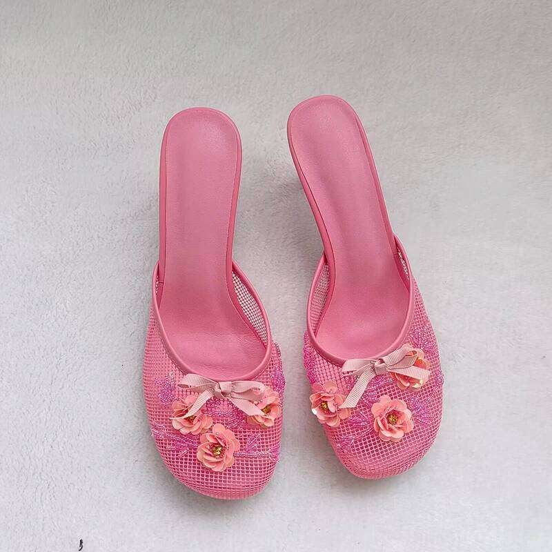 Summer mesh flower beads women slides sexy thin heel sandals