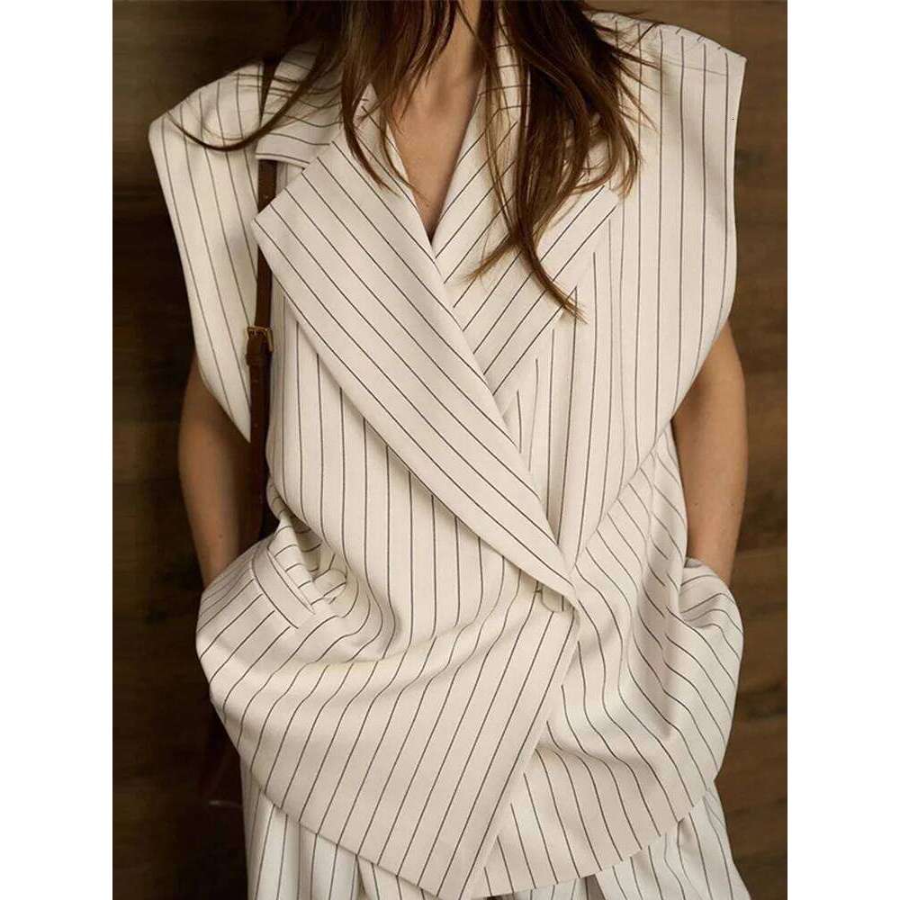 Fashion Women's Stripe Vest Trouser Suits Sleeveless Turn-Down Collar Lady 2025 Spring Summer Casual 2 Pieces Set Women