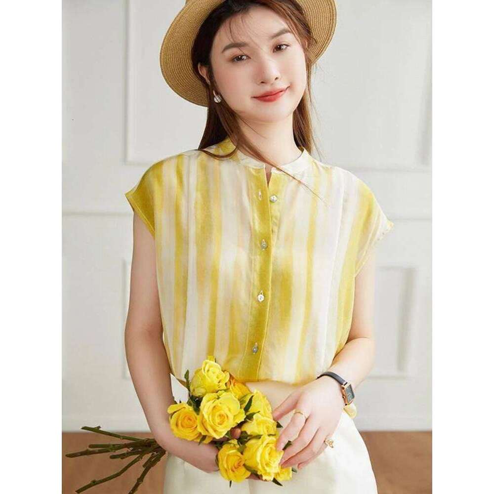 Women's Shirt and Blouse Chiffon Yellow Sleeveless Striped Female Tops Loose Summer Button Up Y2k Fashion Sale of Pretty Xl M