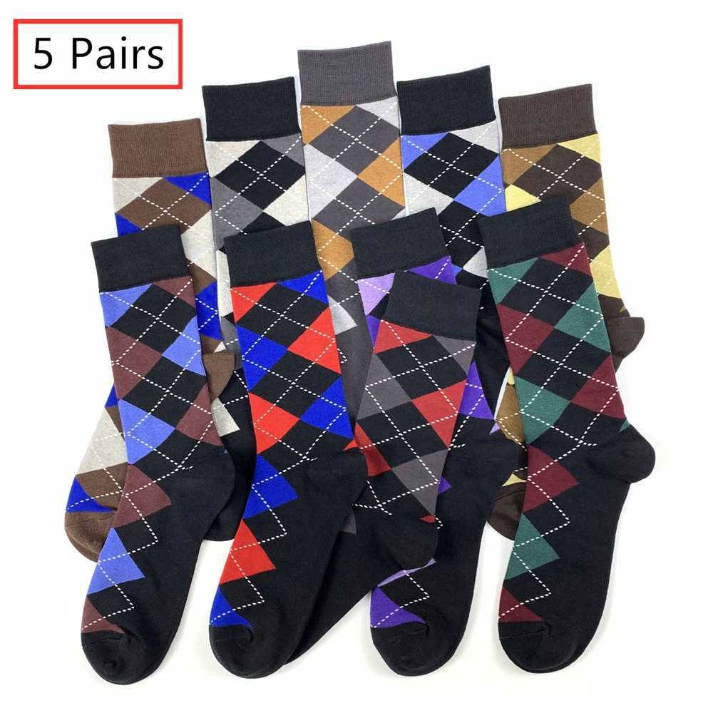 5pairs Mens Cotton Argyle Color Block Soft Crew Socks Mens Business Socks Multicolor Set Z250610