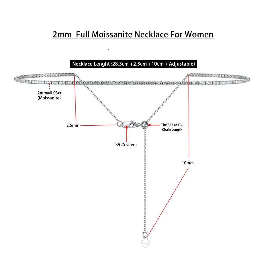 Serenity D Color 2mm Full Moissanite Tennis Necklace Women S Sier Neck Strap Choker Clavicle Chain Plated Fine Jewelry