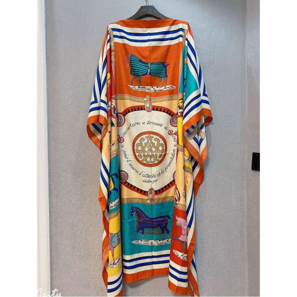 2025 Cover-Up Printed Vacation Beach Loose Long Dress Bikini Sunscreen Shirt Caftan