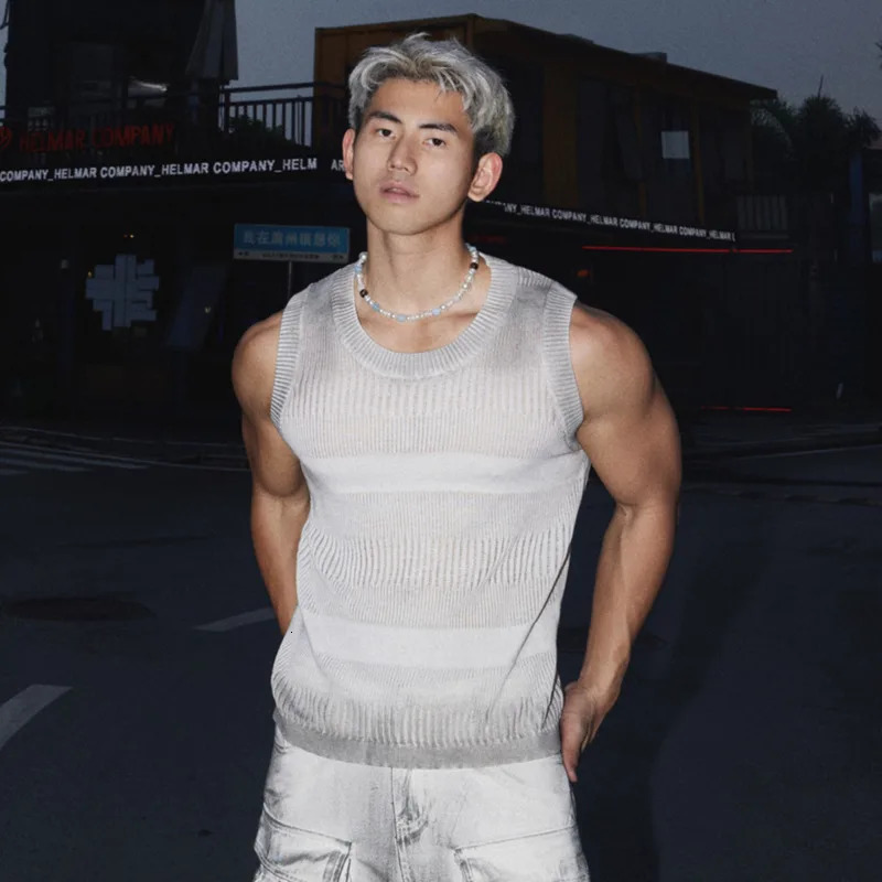 FEWQ Niche Mens Vests Round Collar Tie Dye Worn-out Gradient Color Sleeveless Knitting Casual Male Tank Tops 24K4318 250611