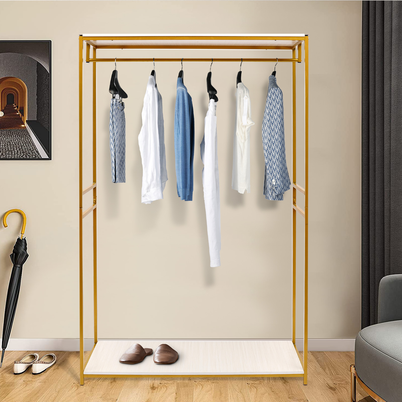 Rolling Clothing Rack, Metal Gold Clothing Rack Bridal Wedding Dress Rack Floor-standing Clothes Rack Adjustable Wire Shelf Clothes Hanger, Wardrobe S