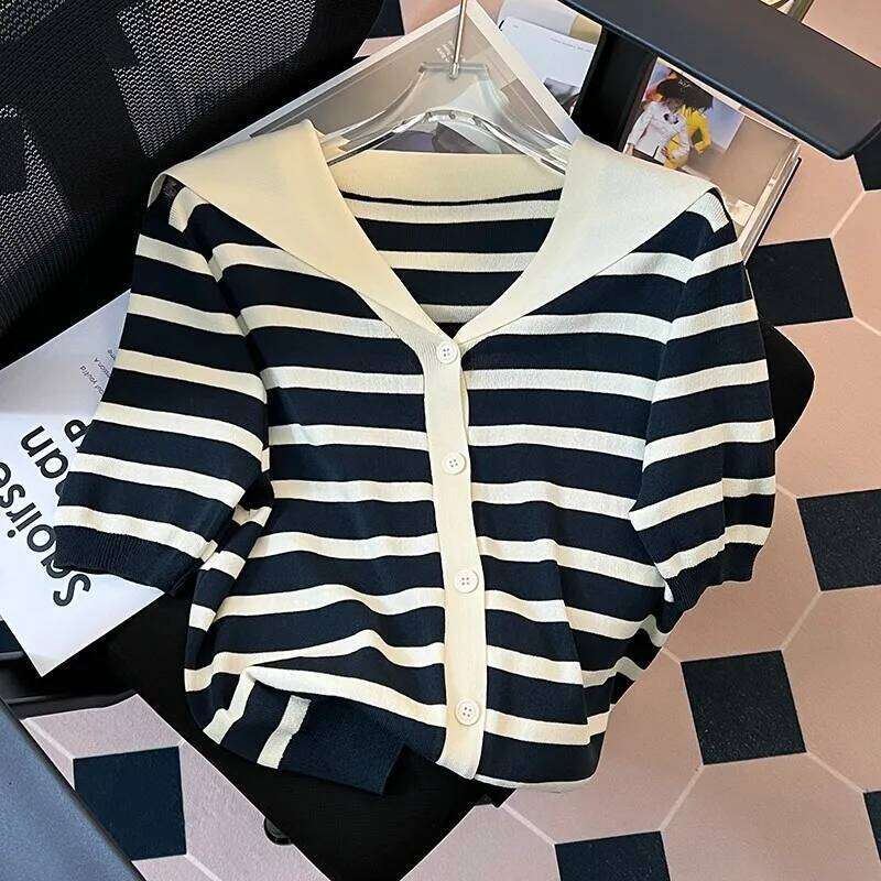 Korean Ice Silk Striped Knitted Sweater Tops Women 2023 Summer Short Sleeve Sailor Collar Knitwear Fashion Workwear Ladies Jumpe