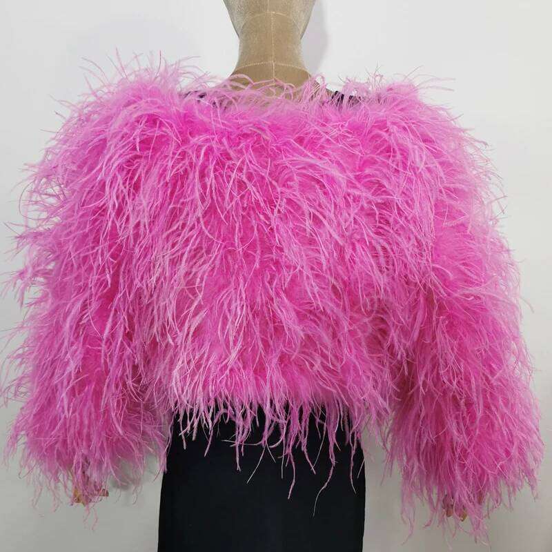 Fashion Sexy 100% Ostrich Feather Boat Neck Design Women's Off Shoulder Short Length 40 Cm Party Real Fur Coat Jacket