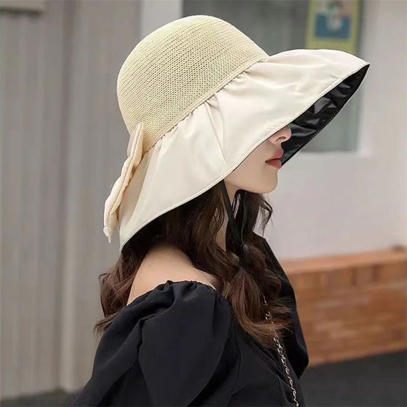 Women s Wide Brim Sun Hat with Bowknot Ribbon Lightweight Foldable UV Protection Bucket Hat for Outdoor Activities 250610