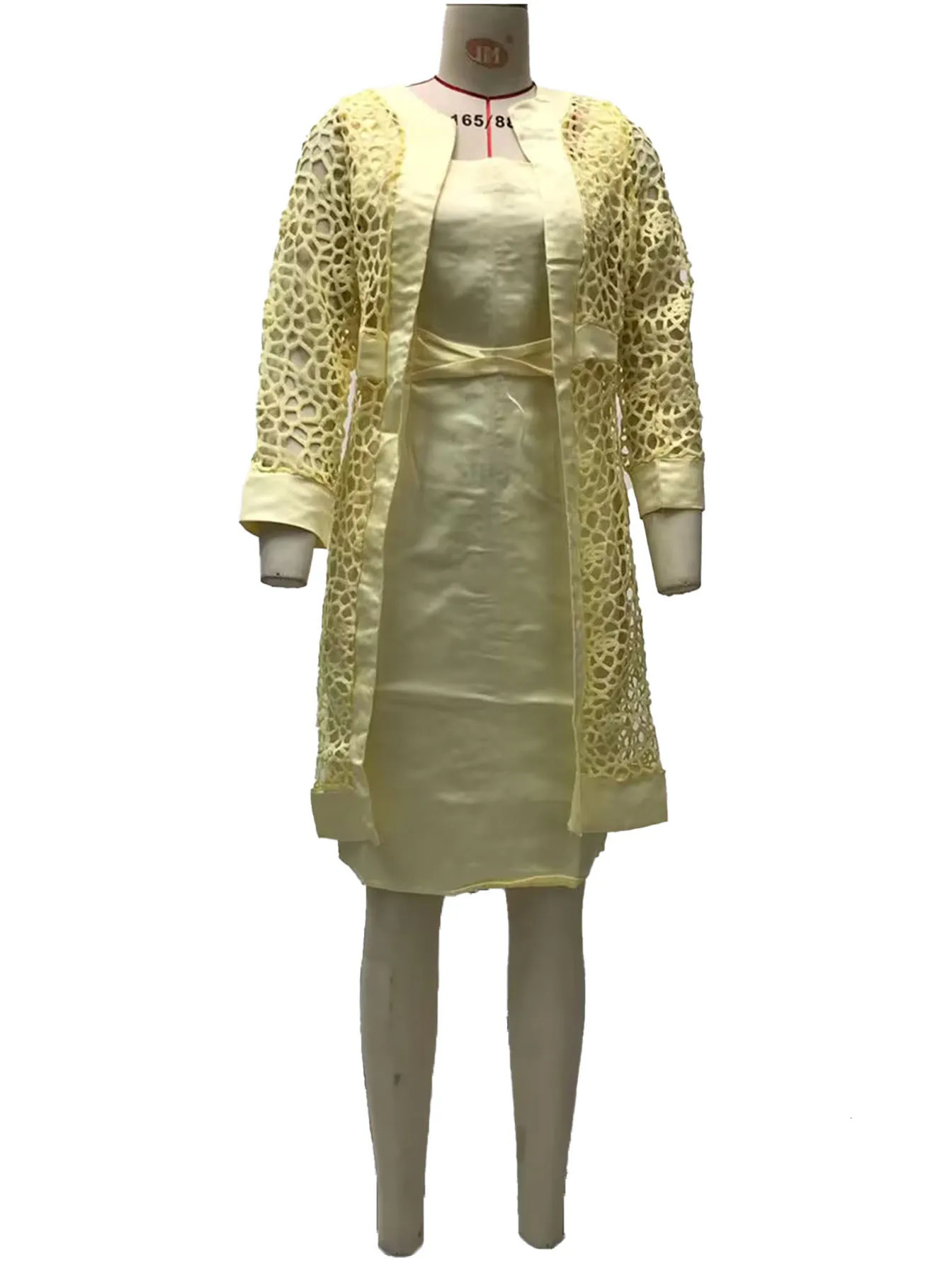 Wein Lace Cardigan Dress with Two Coats Lady Female Woman Skirt Dresses Coat Set Suit Hollow Out Cotton and Linen Formal Office 250606