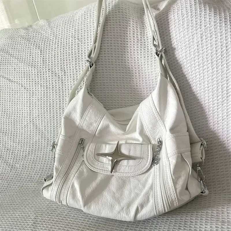 Y2k Large Capacity Shoulder Bag White Pu Leather Star Handbag American Style Punk Goth Fashion Simple Designer Handbag Tote Bag XJ250610