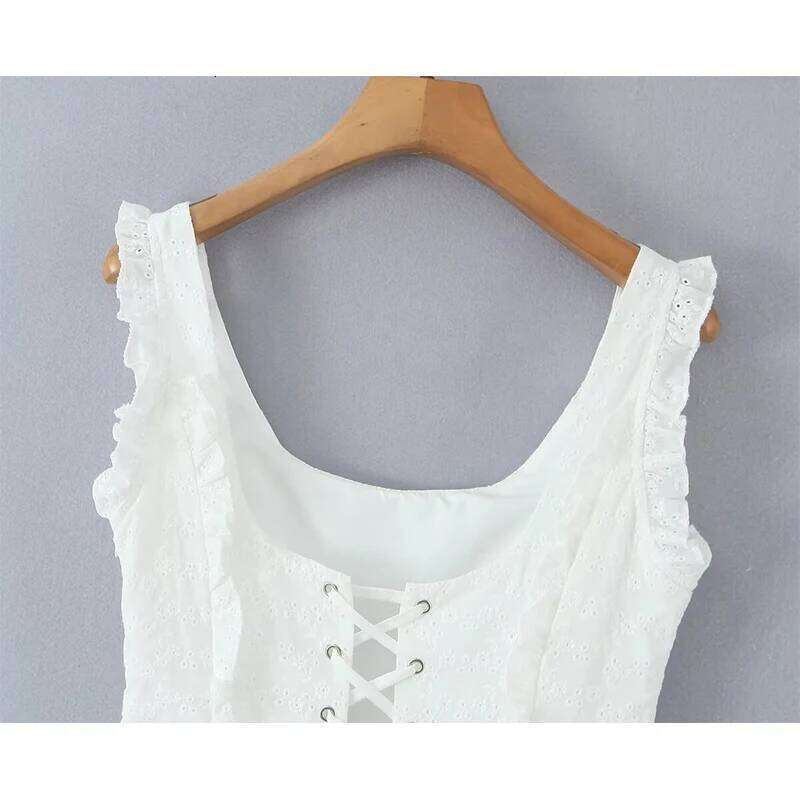 Summer 2025 Women Floral Embroidery Ruffle Sleeveless Mini Dresses Lace Up Bandage Back O Neck A-line Short White Dress
