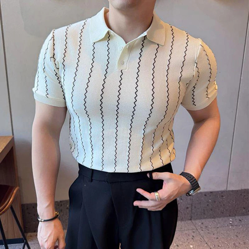 Spring Summer Casual Mens Polo Shirt Vintage Striped Crochet Buttoned Neck Knit Tops Men Fashion Slim Fit Polos 250610
