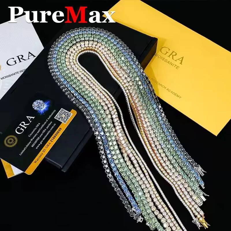 Colorful Hip hop 3MM GRA Certificated Tennis For Women Sterling Sier Man Green Moissanite Bracelet Chain