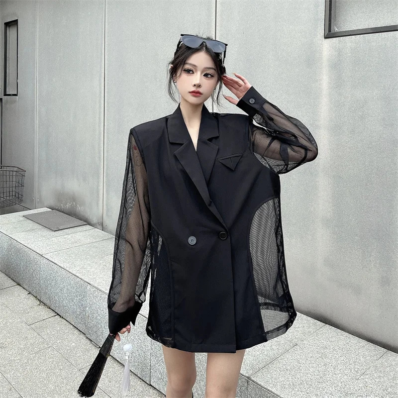 Womens Springsummer American Style Short Mesh Patchwork Blazer Retro Casual Solid Color Loose Irregular Jacket 250610