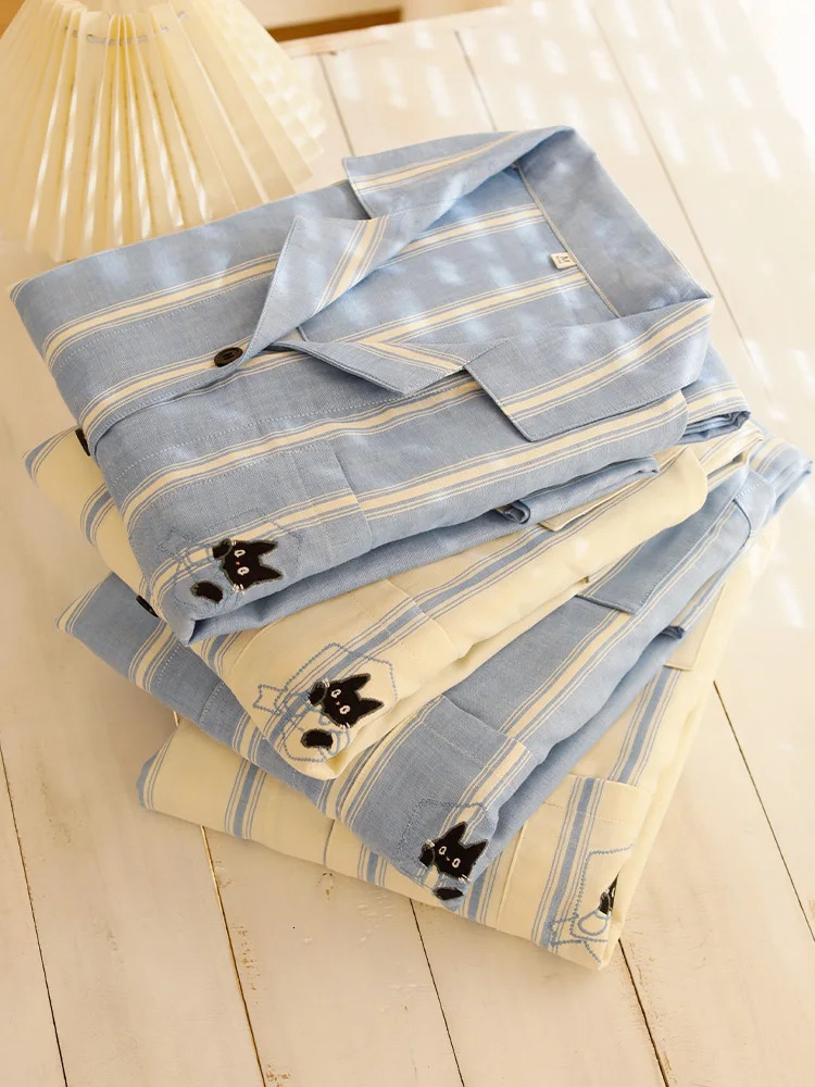 Pure Cotton Gauze pajama Set Fashion Simple Couple Sleepwear Highend Striped Comfortable Breathable Men Home clothes 250610