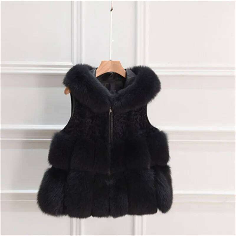 Female Short 2021 New Casual Korean Fashion One Piece Imitation Fox Fur Hooded Vest Thin Waistcoat High Quality