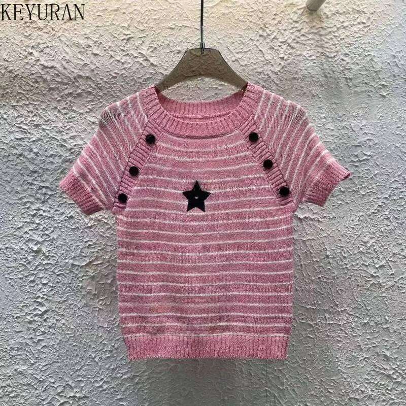 2025 Spring Summer New Striped Knitted Short Sleeve Sweater Women's Vintage Embroidery Round Neck Casual Pullover Knitwear Tops