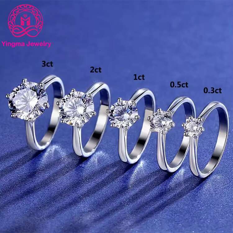 Wholesale Jewelry 0.3/0.5/1ct/2ct/3ct Classic Six Claws Wedding Engagement 925 Sterling Silver Diamond Moissanite Ring