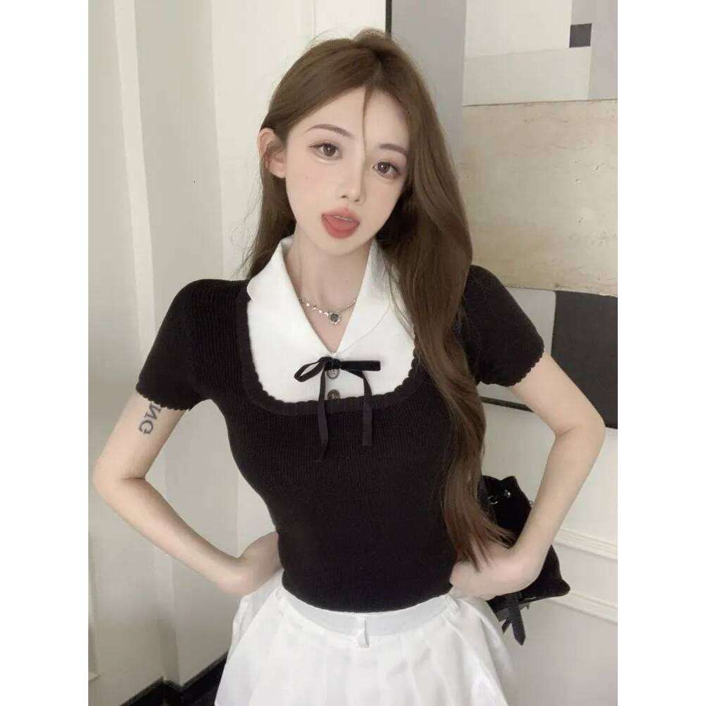 Black Elegant Slim Knit Sweater Tshirt Women 2023 Summer Short Sleeve Bowtie Crop Tops Pullover Stylish Fashion Vintage Knitwear