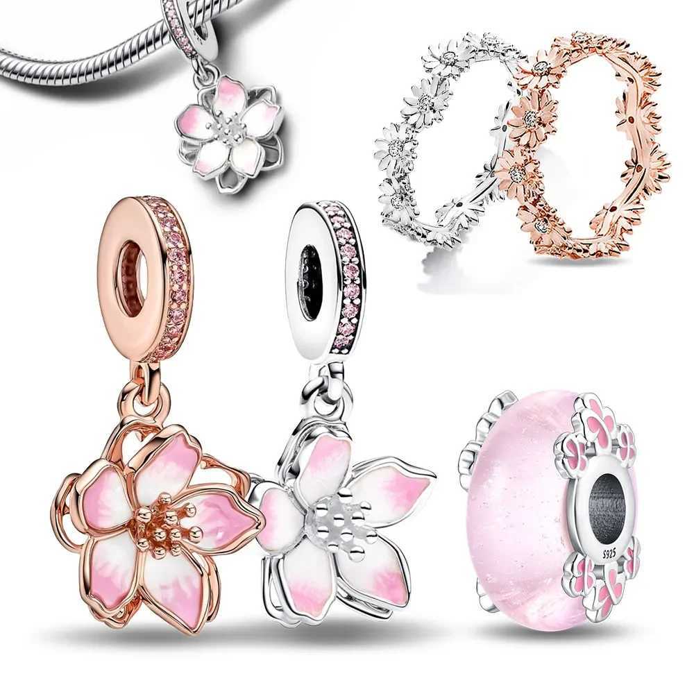 Silver 925 Cherry Blossom Pink Sweet Charms Beads Flowers Rings Fit Original Bracelet Charm Jewelry Bead for Women DIY Gift XJ250611