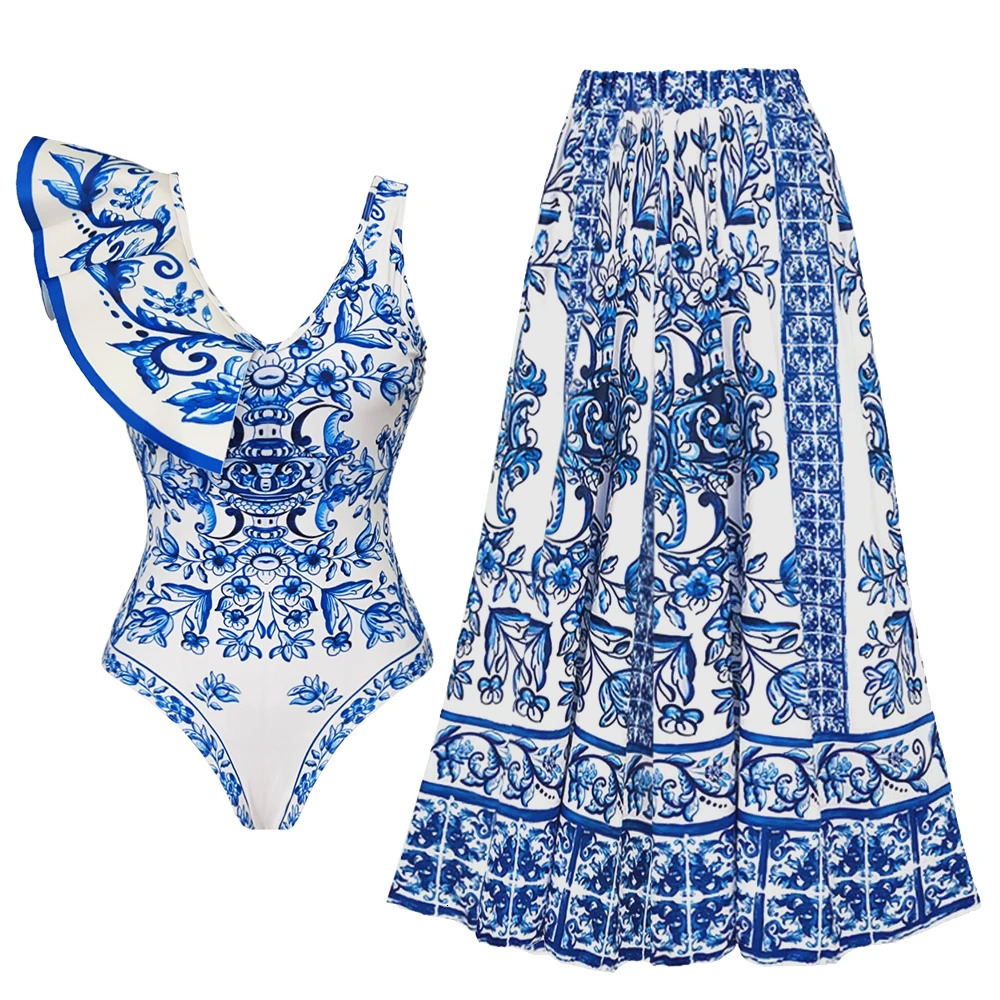 Printed Ruffle One Piece Swimsuit With Cover Up Sexy Swimwear Women Flat Belly Swim Suits Bathsuit Belt Bodysuit Beach Outing 250609
