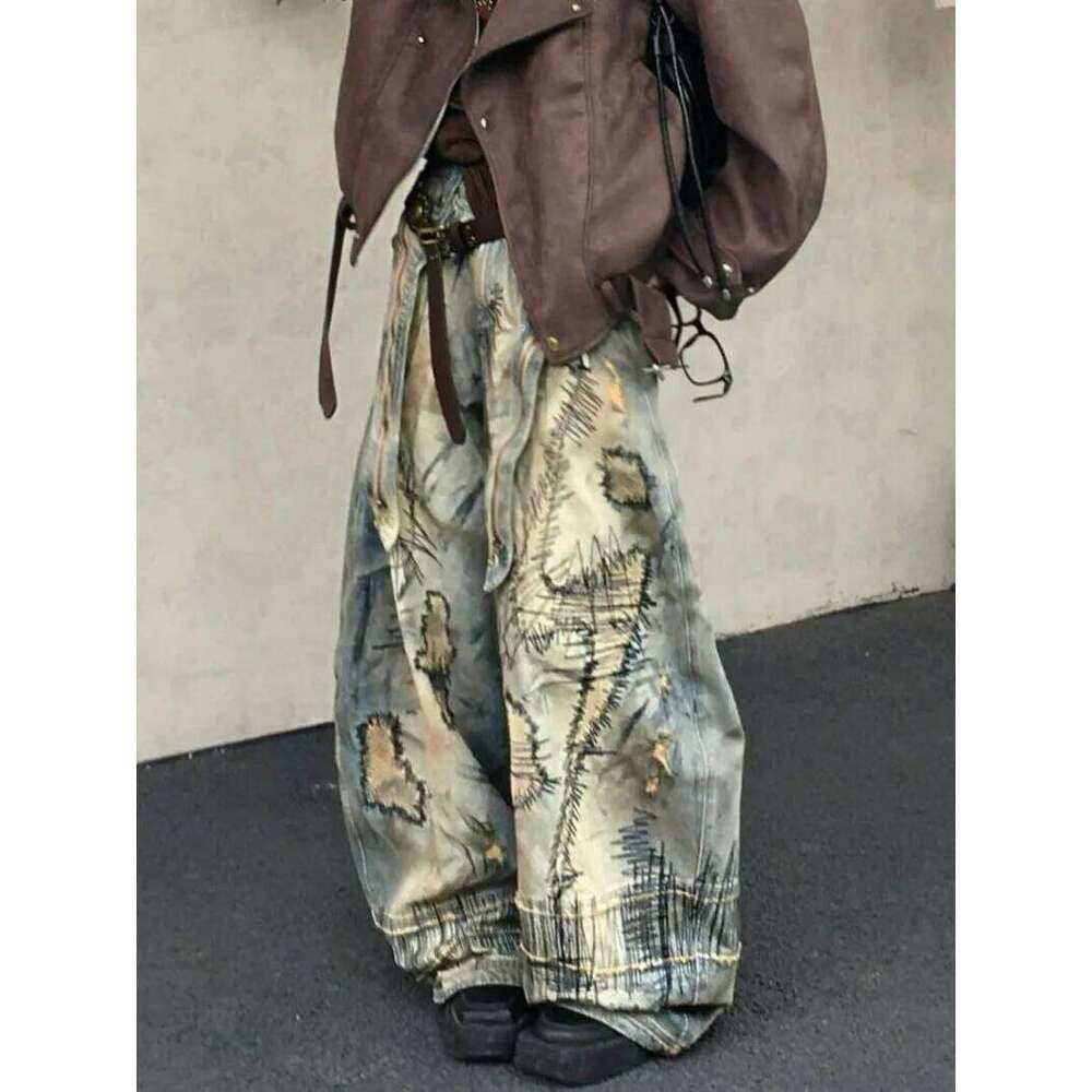 American Street Destruction Style Embroidered Denim Pants Oversized Retro Wash Personality Fashion Loose Casual Wide Leg Jeans