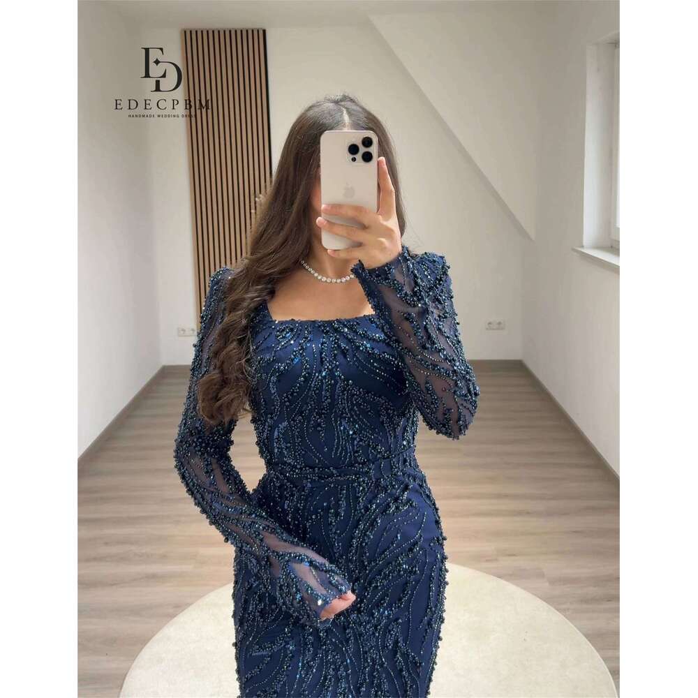 EDECPBM Elegant Dresses 2025 Lace Bead Embroidery Navy Blue Customized Women's Evening Dress Brand Mermaid
