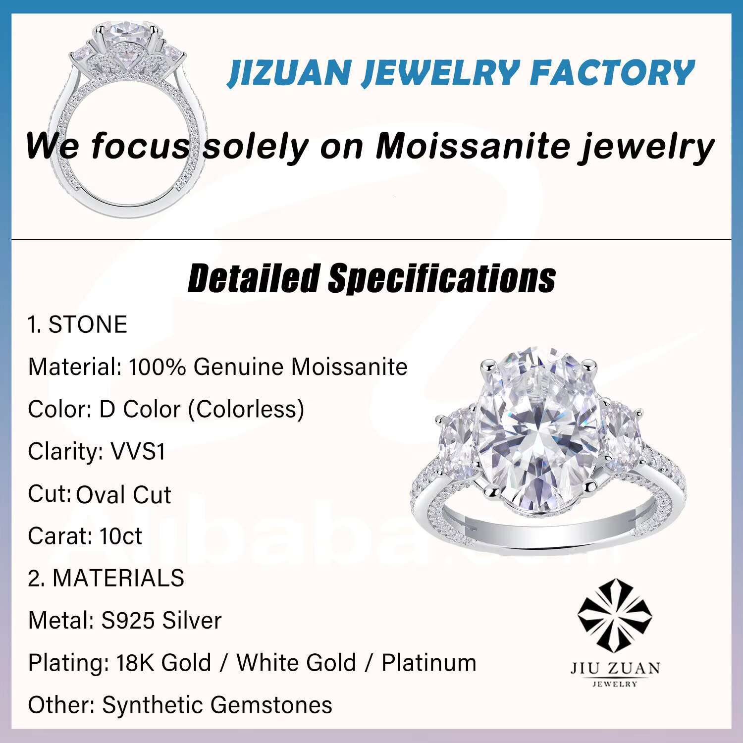 10ct Oval Moissanite Ring Three-Stone Design S925 Sterling Silver 18K White Gold Plated Hypoallergenic Jewelry for Women