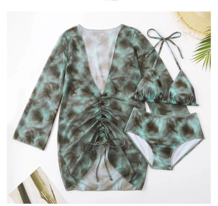 XL5XL Plus Size Vacation Bikini Sexy ThreePiece Split Long Sleeve Swimsuit Women Summer Blue Pleated Beach Party Swimsuits 250530