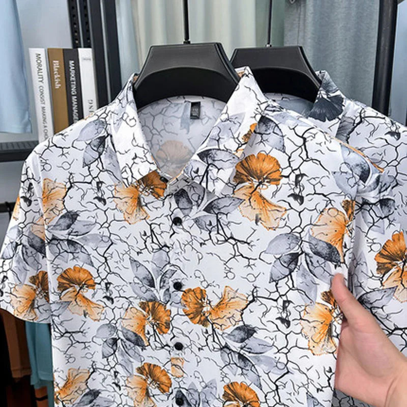 Summer Men Short Sleeve Hawaiian Shirt Casual Polyester Cotton Blend Shirt 250606