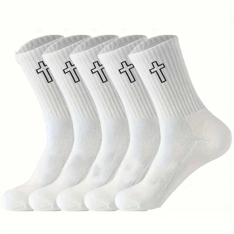 5/10 Pairs Mens High-Cut Solid Sports Socks Breathable Unisex Mid-Calf Casual Socks Black/White Cross Couple Socks All-Season Z250610
