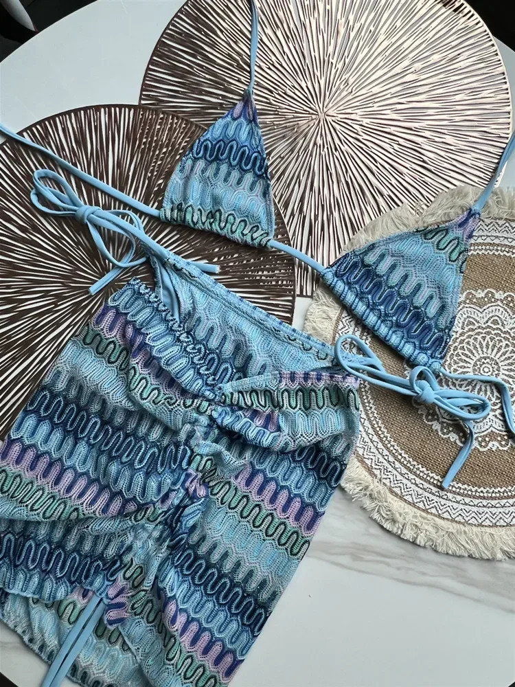 y n Womens Swimsuit Colored Maple Leaves Knitted Bikini Skirt ThreePiece Set Split 250609