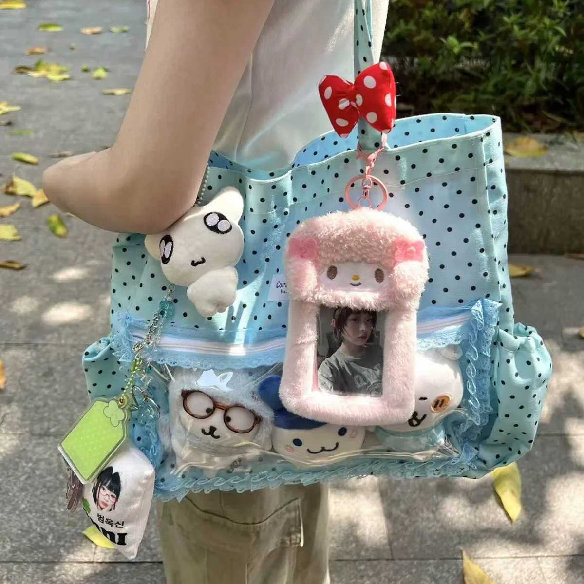 New Cute Hand Ulzzang Y2k Ita Bag for Girls Large Capacity Fashionable Polka Dot Canvas Shoulder Bag Casual Commuting Tote Bag XJ250610