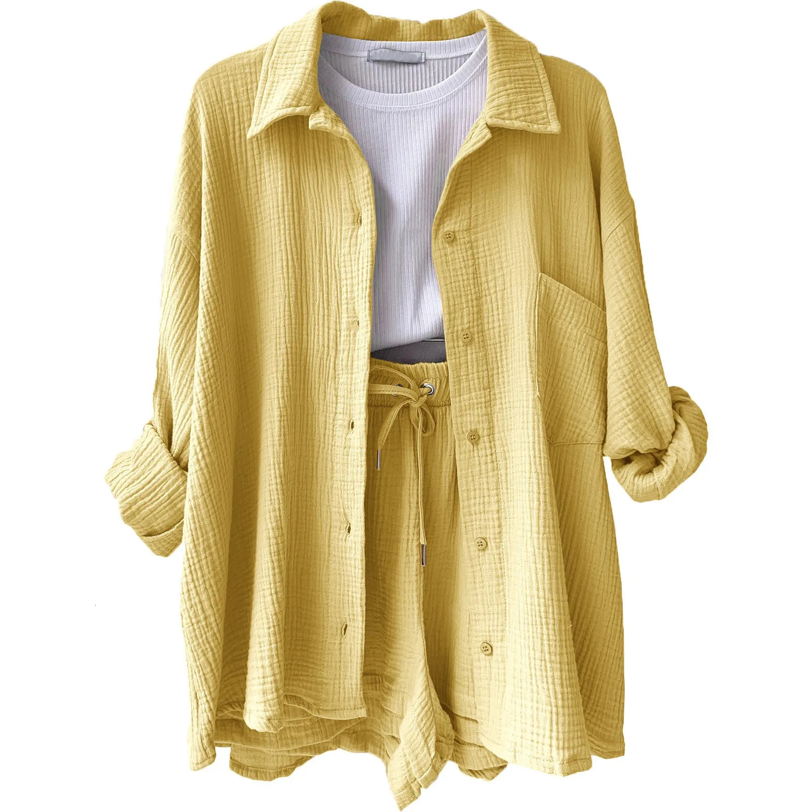 Summer Cotton Linen High Waist Shirt Shorts Women Turn Down Collar Long Sleeve Tops and Shorts Suit Cotton Casual Two Piece Sets 250606