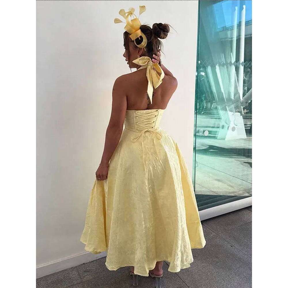 Butter Yellow Corset Backless Maxi Dress Women's Elegant V Neck Halter High Waist Robes Lady Summer Evening Party Gvestidos 2025