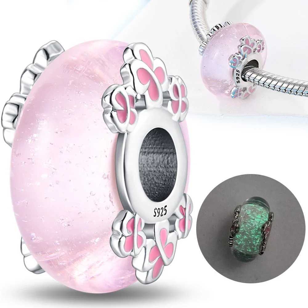 Silver 925 Cherry Blossom Pink Sweet Charms Beads Flowers Rings Fit Original Bracelet Charm Jewelry Bead for Women DIY Gift XJ250611