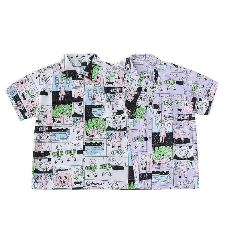 Women's Chiffon Shirts Top Summer New Female Casual Blouse Original Niche Design Short-sleeved Cartoon Pig Graffiti Printed