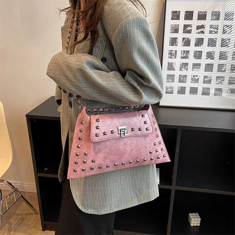 Chic Vintage Rivet Crossbody Bag - Waterproof Faux Leather Adjustable Strap Solid Color with Kiss Lock Closure XJ250610